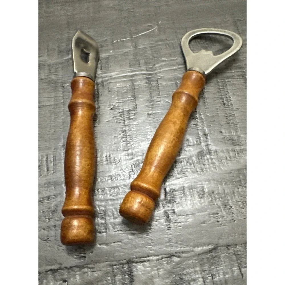 Vintage Wooden Handle Bottle Opener & Can Piercer Set Mid Century‎ Barware